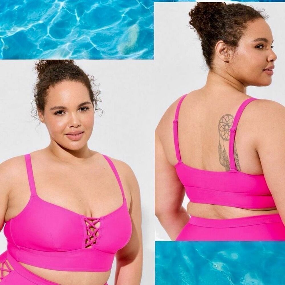 Torrid Pink Bikini Set: Wireless Strappy Lace Up Top & High Rise Bottoms 1 NWOT - Picture 5 of 16